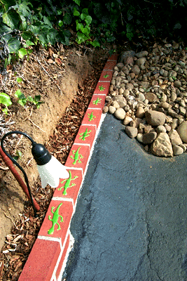 Geckos on top of brick at very end of wall.